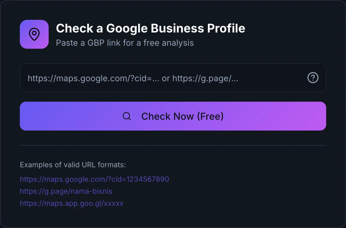 AI Site Generator interface: a field to paste a Google Business Profile link and a Check Now button
