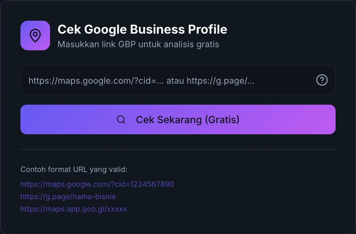 Antarmuka AI Site Generator: kolom tempel link Google Business Profile dan tombol Cek Sekarang